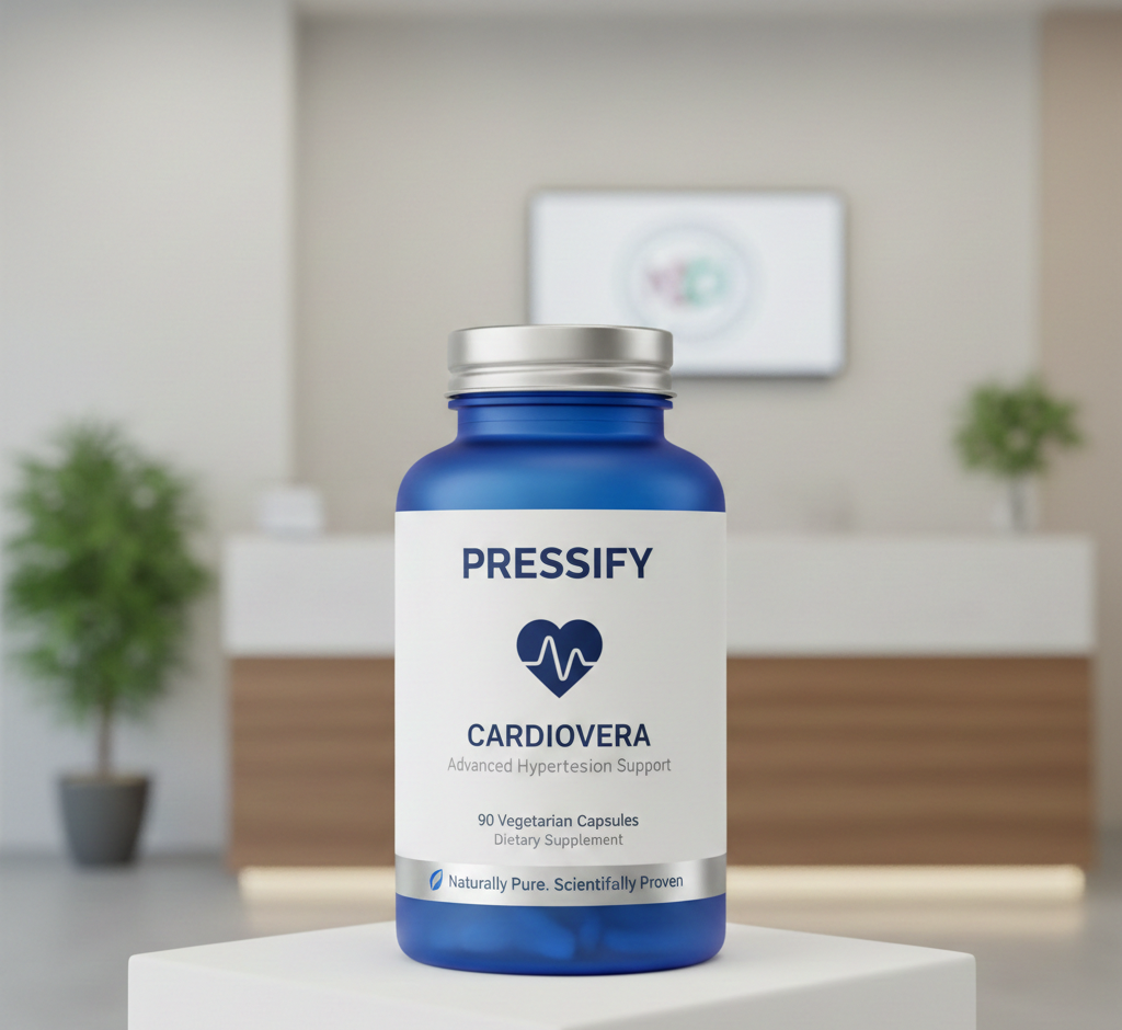 Cardiovera přírodní doplněk stravy v elegantní bílé lahvičce s červeným a modrým designem, kapsle viditelné přes průhlednou část, na čistém pozadí, profesionální produktová fotografie, realistický styl